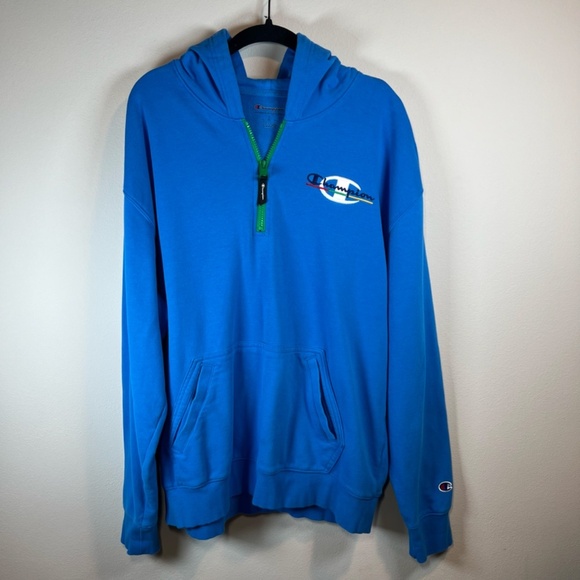 Champion Men's Quarter Zip Hoodie Sweatshirt Blue Pockets Embroidered Logo Large - Picture 3 of 14